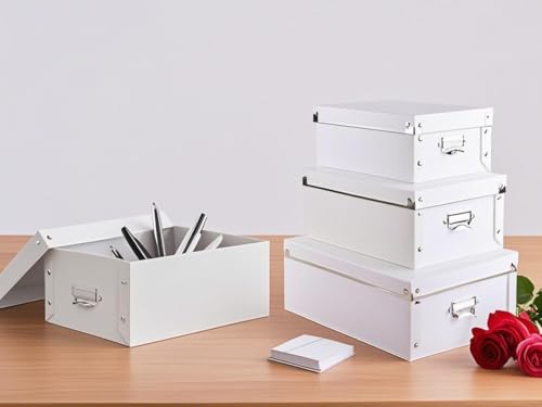 XUCHUN Storage Box with Lid 3 Pack, Collapsible Plastic Storage Bins with Lids, Stackable Foldable Keepsake Memory Box for Photos Office, 3 Sizes - White - color: white 3 pcs