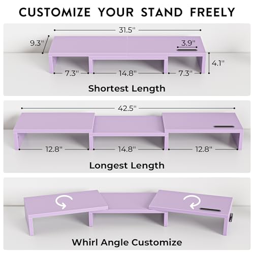 BONTEC Dual Monitor Stand Riser with Smartphone Holder, Adjustable Length & Swivel Angle, Ergonomic Wooden Desktop Organizer for PC Monitor, Laptop, Printer, Large Storage, Purple - color: Purple