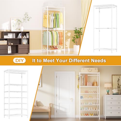 Ulif E13 Heavy Duty Clothes Rack（With 4 Hanger Rods & 8 Shelves） Freestanding Clothing Racks for Hanging Clothes，Adjustable Closet Organizer，Metal Garment Rack 63" W x16 D x77 H，Max Load 900LBS，White - color: White, size: E13