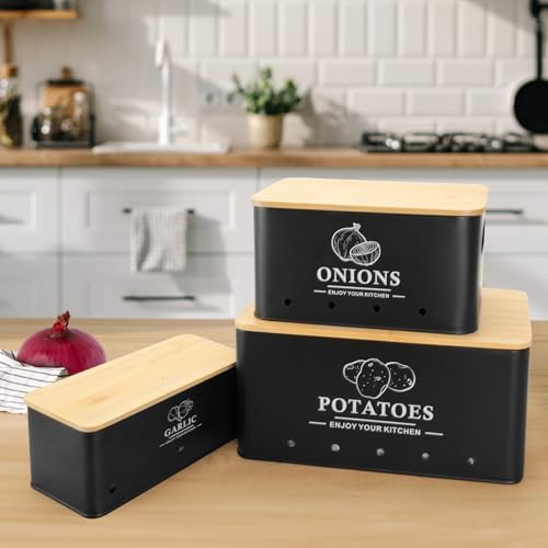 Kitchen Vegetable Storage Set of 3, Metal Onion Garlic Potato Storage Set, Kitchen Canisters Vegetable Keeper Containers with Aerating Holes and Wooden Lid (Black) - color: Black