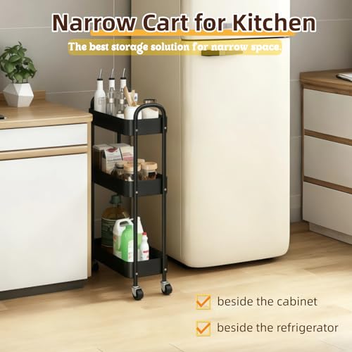 3 Tier Slim Metal Rolling Storage Cart for Laundry Room & Kitchen Organizer, 7.1'' Thin Standing Shelf for Narrow Spaces, Utility Cart with Wheels & Lockable Casters for Bathroom, Black - color: Black, size: 3 tier