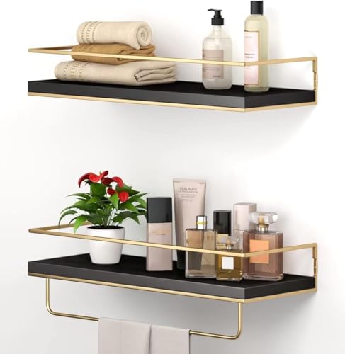 Shario Floating Shelves - Set of 2, Wall Mounted Hanging Shelves with Golden Towel Rack, Decorative Storage Shelves for Bathroom, Kitchen, Living Room & Bedroom (Black Gold, 15.7 Inches) - color: Black Gold