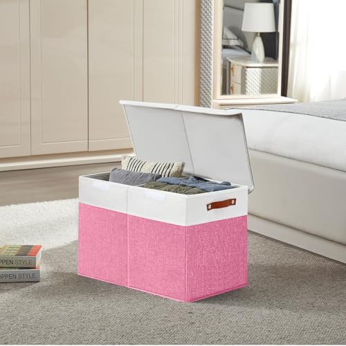 Bagnizer Large Toy Storage Box with Lids, Collapsible Sturdy Baby Storage Organizer Chest Bin Basket for Kids, Boys, Girls, Playroom, Nursery, Bedroom, Closet 25"x13"x16" (Pink and White) - color: Pink and White