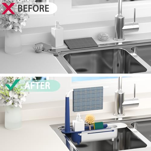 Telescopic Sink Storage Rack with 2 Sponge - Sink Caddy Sponge Holder for kitchen sink(Blue) - color: Blue