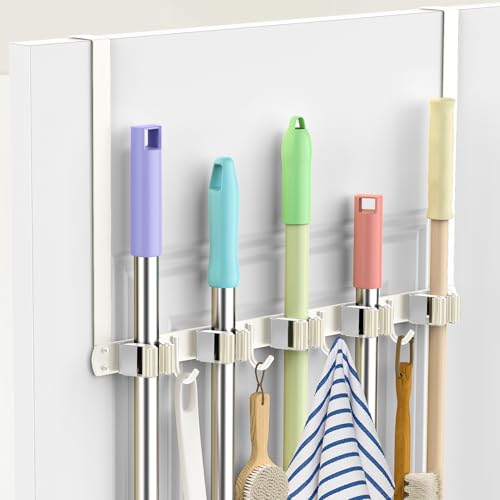 Broom Holder Over The Door Drilling Free Mop and Broom Holder with 4 Over Door Hook, Metal Mop and broom hanger Wall Mount Broom Storage Tool Organizer for Laundry Room Garage Bathroom - white - color: white