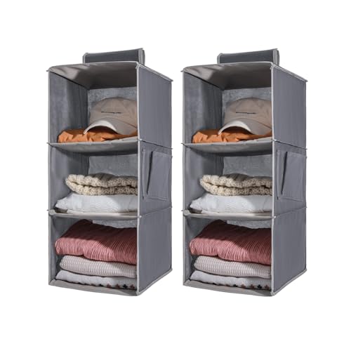 2 Packs Hanging Closet Organizer Stroage, 3-Shelf Hanging Shelves with Bamboo Inserts & Side Pocket, Grey - color: Grey, size: 3 Shelves