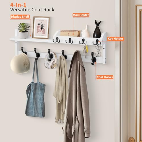 Coat Rack Wall Mount with Shelf, 27.5" Entryway Wall Hanging Shelf, Coat and Key Hanger with 10 Dual Hooks, Mail Organizer and Key Holder Hat Rack for Wall, Wood Coat Hooks with Storage - color: White