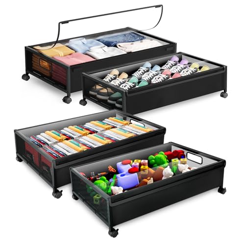 Under Bed Storage with Wheels，4 Pack Under Bed Storage Containers,Underbed Shoe Storage Bedroom Large Capacity Under Bed Storage with Lid for Clothes Shoes Toys Blankets - color: Black, size: 4pcs