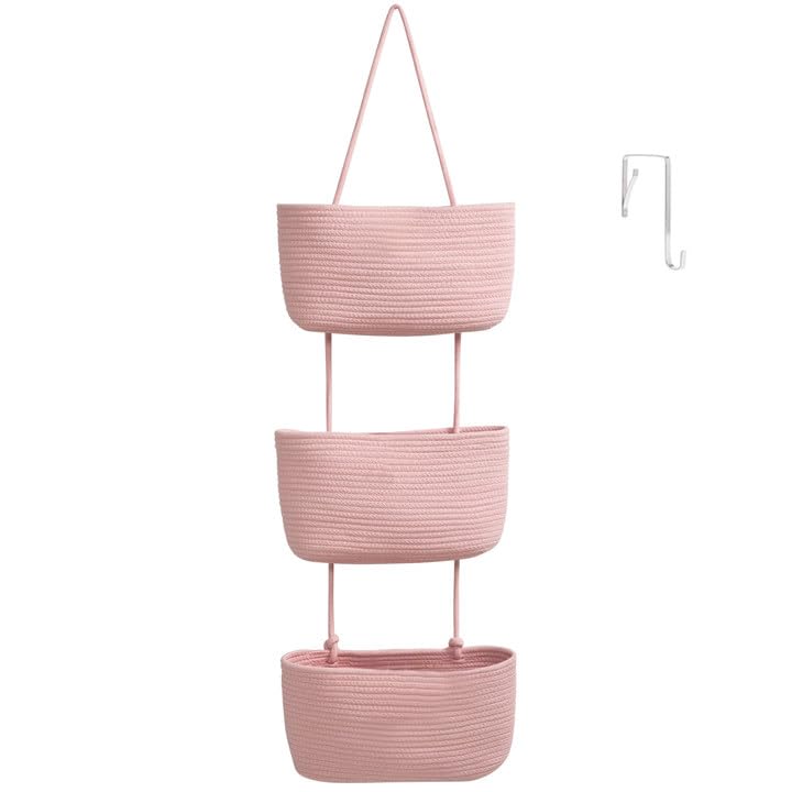 TeoKJ Over the Door Hanging Basket, 3-Tier Woven Cotton Wall-Mounted Storage Organizer Bag Decorative Hanging Nursery Baskets, Pink - color: Pink
