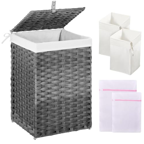 Greenstell Laundry Hamper with Lid, 60L Clothes Hamper with 2 Removable Liner Bags & 2 Mesh Laundry Bags, Handwoven Synthetic Rattan Laundry Basket for Clothes, Toys in Bathroom, Bedroom Grey - color: Gray, size: 60L (13.4 x 13.4 x 21.7 inches)