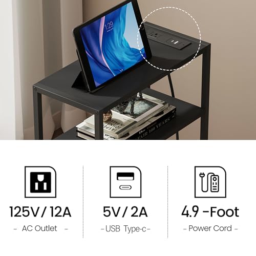 TUTOTAK Narrow Side Table, Small End Table with Charging Station, Nightstand with Fabric Basket, Bedside Table for Small Space, Livingroom, Bedroom Black TB01BK095 - color: Black