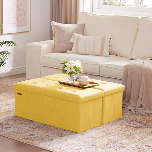 HAUSFRAU 31.5 Inches Ottoman with Storage Bench, Folding Ottoman Bench Small Foot Rest Stool, Bedroom Bench with Flipping Lid, Linen Yellow - color: Yellow, size: 13"D x 31.5"W x 13"H