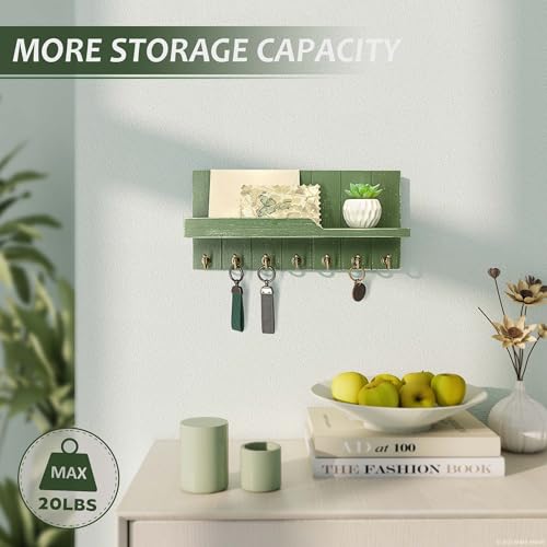 Farmhouse Pine Wood Key Holder Wall Mount - Key Holder for Wall with Floating Shelf Put Mail and Perfume - Rustic Key Hanger for Room Decor Aesthetic and Apartment Essentials (Green,15-inch) - color: Green, size: 15-inch