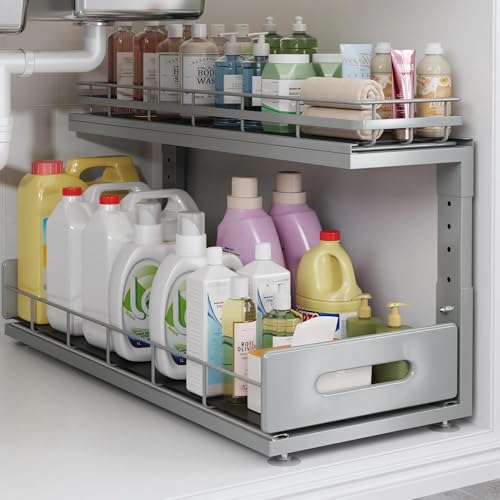 Under Sink Organizer Upgrade To Professional Rails,2-Tier Dual Pull Out Cabinet Storage,Height Adjustable Slide Out Drawers For Bathroom Kitchen,1 Pack-21"Dx12.8"-16.9"H,Gun Gray - color: Gun Gray, size: 1 Pack-21"Dx12.8"-16.9"H