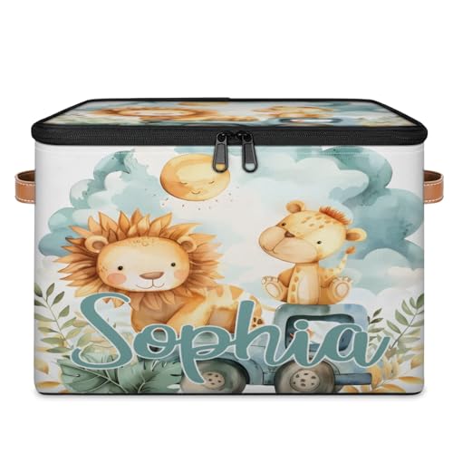 Custom Storage Basket with Name, Personalized Storage Bins with Zipper Lid, Foldable Fabric Storage Box Large capacity with Handle Lion Car - color: Option 22