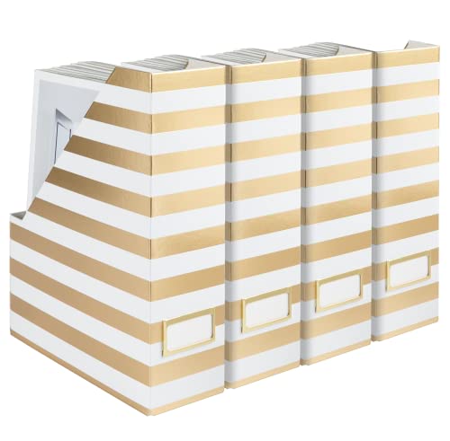 BLU MONACO | Cardboard Magazine File Holder Set of 4 Gold White Stripes | Vertical Magazine File Holder with Label Slots | Standing File Holder and Cardboard Bins for Shelves Desk Classroom - color: White Gold Stripes