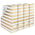 BLU MONACO | Cardboard Magazine File Holder Set of 4 Gold White Stripes | Vertical Magazine File Holder with Label Slots | Standing File Holder and Cardboard Bins for Shelves Desk Classroom - color: White Gold Stripes