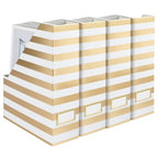 BLU MONACO | Cardboard Magazine File Holder Set of 4 Gold White Stripes | Vertical Magazine File Holder with Label Slots | Standing File Holder and Cardboard Bins for Shelves Desk Classroom - color: White Gold Stripes