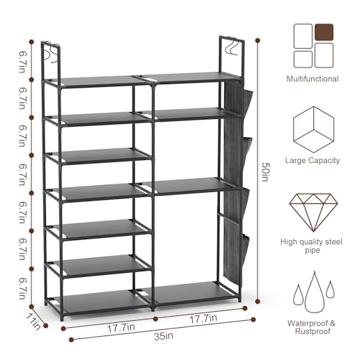 Kottwca 7 Tiers Shoe Rack Metal Shoe Organizer for Entryway Closet, 24-28 Pairs Stackable Shoe and Boots Shelf Storage Cabinet with Hooks and Side Hanging Pockets for Bedroom, Garage, Black - size: 2 Row 7 Tier