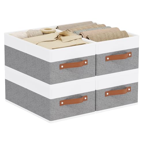 Storage Boxes, 16.1 × 9.8 × 6.5 Inch Storage Baskets with Handles, Fabric Cube Organizer Bins for Shelves Bedroom Laundry, White and Grey, 4-Pack - color: White/Grey, size: Large -4 Pack