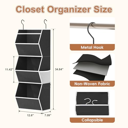 Hanging Closet Organizer 3 Shelf Collapsible Bedroom Closet Organizers and Storage Hanging with Mesh Pocket for Clothes, Closet Hanging Organizers and Storage for Fabric Wardrobe Space Saver, Black - color: Black-1 Pack, size: 3-shelf