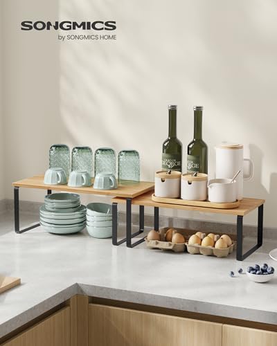 SONGMICS Cabinet Organizer Shelf, Set of 4 Kitchen Counter Shelves, Kitchen Storage, Spice Rack, Stackable, Expandable, Metal and Engineered Wood, Ink Black and Natural Beige UKCS210B01 - color: Ink Black + Natural Beige, size: 15.6"W