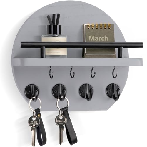 Nekon Key Holder for Wall - 9.8 Inch Apartment Wall Decor with Shelf and 8 Key Hooks, Circular Wood Key Hanger for Home Decor (Gray) - color: Gray