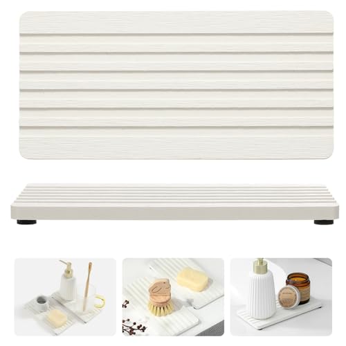 Razborci 2PCS Diatomite Quick Stone Drying Tray Mat for Bathroom & Kitchen Counter, Instant Dry Water Absorbent Drink Bar Coasters,Vanity Sink Caddy Organizer,Dish Soap Sponge Holder, Ivory,8"x3.8" - color: 2pc - 8"x 3.8" - Ivory