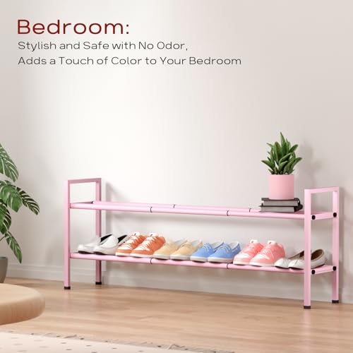 Bumusty 2-Tier Long Expandable Shoe Rack for Closet, 18"-44" Adjustable Shoe Rack for Entryway, 10-12 Pairs Large Shoe Organizer Shelf Storage, Sturdy Metal, Pink - color: Pink, size: 2-Tier
