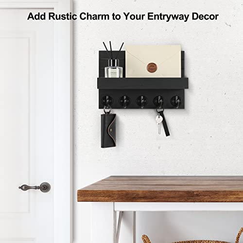 Lwenki Key Holder for Wall, Decorative Key and Mail Holder with Shelf Has Large Hooks for Bags, Coats, Umbrella – Paulownia Wood Key Hanger with Mounting Hardware (9.8”W x 6.7”H x 4.2”D) - color: Black