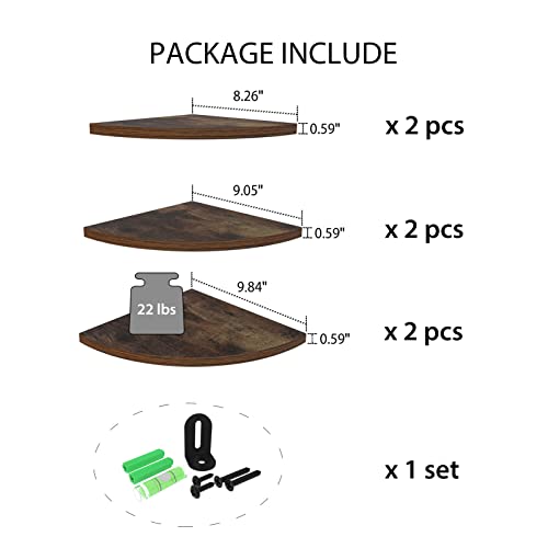 HORLIMER 6 Pack Wall Mount Floating Corner Shelf, Rustic Wood Corner Wall Shelves for Bedroom, Living Room, Bathroom, Kitchen - color: Brown, size: Fan-Shaped