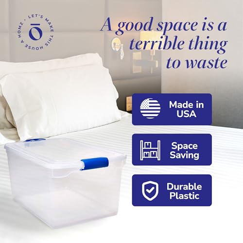 HOMZ 2-Pack Latching Lid, Large Clear Plastic Storage Bins with Lids, 66 Quart, Blue Latch - Stackable Container Boxes for Home, Bathroom, and Office Organization - color: Blue, size: 66 QT (2 Pack)