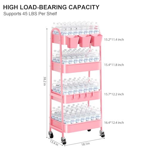 4 Tier Rolling Cart Metal with Lockable Wheels, Four Tiered Pink Trolley Cart on Wheels, Utility Storage Organizer Carts for Bathroom, Kitchen, Art, Craft, Baby Diaper Caddy, Snack, Makeup, Nail, Lash - color: Fashion Pink, size: 4 tier
