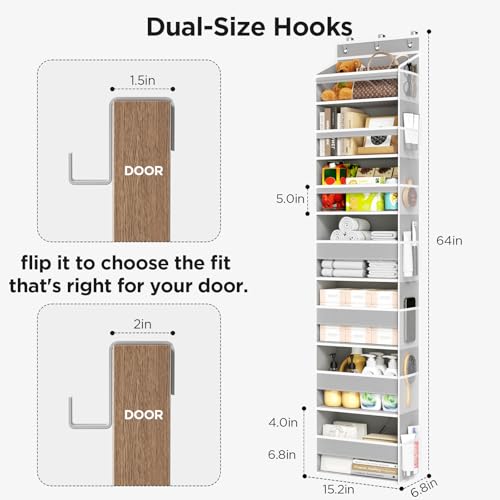 Mefirt Over The Door Organizer, 7 Tier Door Hanging Organizers with 7 Large Pockets 12 Side Pockets, Behind Door Storage Hanging Shelves for Closet Bathroom Bedroom Nursery - color: Grey, size: 7-Tier