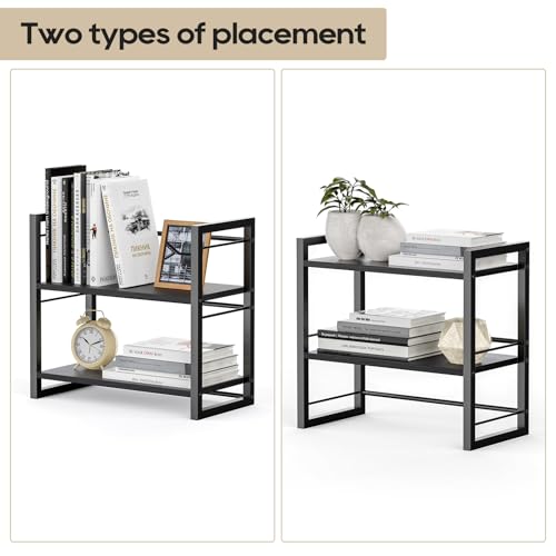Office Desk Shelf Organizer, Wood Desktop Bookshelf Supplies Storage Rack, Shelf for Top of Desk and Dresser (Pure Black-2 Tier) - color: Pure Black
