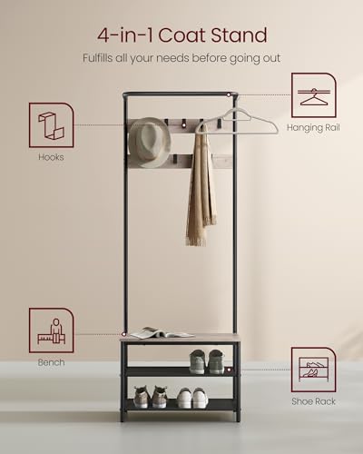 VASAGLE Hall Tree with Bench and Shoe Storage, Entryway Bench with Coat Rack Stand and Shoe Rack, 9 Movable Hooks, Top Bar, Fabric Shelves, Industrial, Greige and Black UHSR411B02 - color: Greige + Black, size: 25.2"W