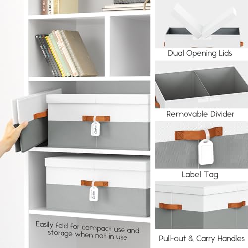 Homsorout Extra Large Storage Bins - 2 Pack Closet Storage Boxes with Double-Open Lid & Divider Board, Stackable Colthes Storage Organizer, Fabric Basket with Label Tag for Home, Laundry - color: white with grey, size: 2 Pack