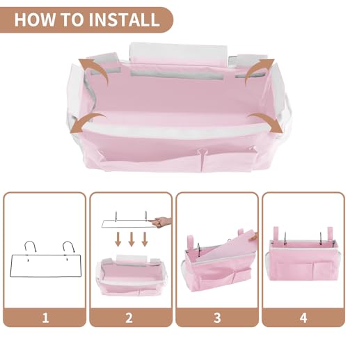 YOUDENOVA Bedside Caddy with 5 Pocket, Bedside Storage Organizer for College, Dorm Bed, Bunk Bed, Pink