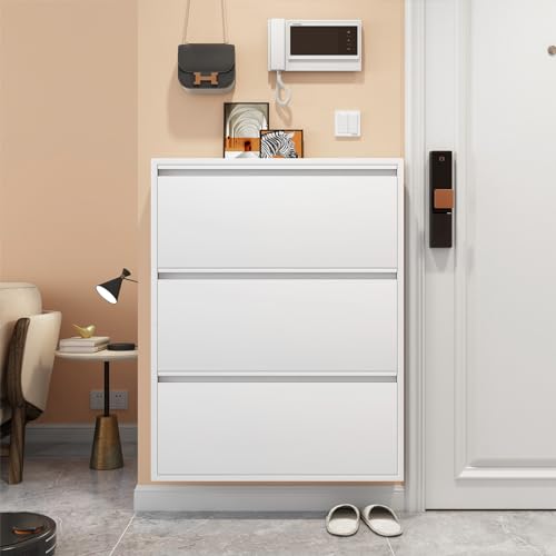 LUCYPAL White Shoe Cabinet Storage for Entryway,Slim Shoe Cabinets with 3 Flip Drawers,Metal Hidden Wall Shoe Cabinet for Living Room,Bedroom,Apartment 43" H*31.5" W*6" D - color: White, size: 3 Drawers