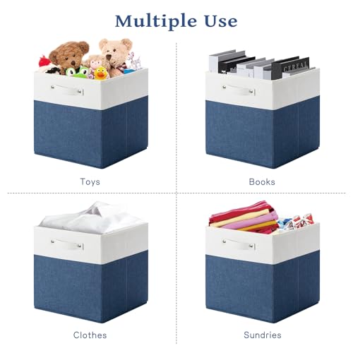 FinishingBo 13 x 13 Inch Fine Linen Storage Bins with Handles，Fabric Cube Boxs，Basket Organizers for Shelves for Home, Closet Drawers (White/Blue-4 Pack) - color: White/Blue-4 Pack