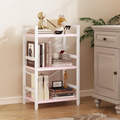 Homeiju Pink Bookshelf, 3 Tier Industrial Bookcase, Metal Small Bookcase, Rustic Etagere Book Shelf Storage Organizer for Living Room, Bedroom, and Home Office(Pink) Patent Pending D29873033 - color: Pink, size: 3 Tier