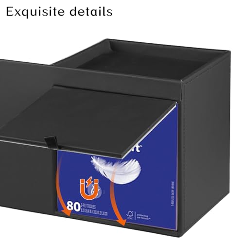 Leather Nightstand Organizer with Tissue Holder,Square Tissue Box Cover with Organizer, Decorative Modern Facial Paper Storage Box for Bathroom Living Room Vanity Table Countertop Office Black - color: Black