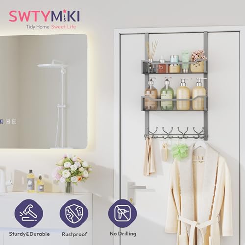 SWTYMIKI Over The Door Hooks Organizer - Multi-Functional Door Hanger with 16 Hooks & 2 Mesh Baskets, Long Coat Rack for Bathroom, Bedroom, Living Room, Home Storage Organizer, Gray - color: Gray