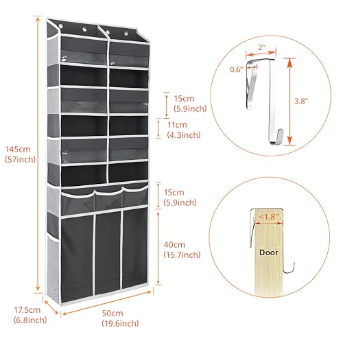 Extra Large Over The Door Organizer with Clear Pockets - 8 Compartments & XL Bottom Storage, Heavy-Duty Hanging Organizer for Bathroom, Bedroom, Closet (57 Inch Height). - color: Dark Grey