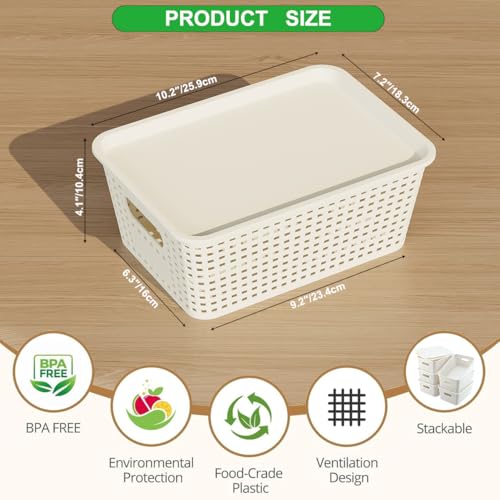 Resze 6 Pack Plastic Storage Baskets with Lids, Breathable Stackable Organizer Bins& Containers for Pantry, Desktops, Cabinet, Closet, Offices Organization Toys, Space Saving, Easy-Carry Handles,White - color: White