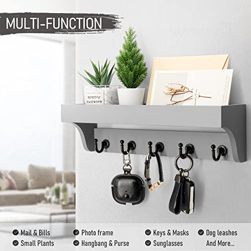 Rebee Vision Decorative Key Holder for Wall - Modern Farmhouse Wall Mount Mail Organizer Keys Hanger with Floating Shelf, 5 Rustic Key Hooks for Entryway Home Decor (Gray) - color: Gray