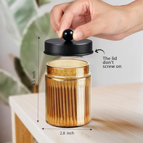 Amolliar Bronze Glass Apothecary Jar, Qtip Holder Metal Lid & Stickers, Bathroom Qtip Dispenser Storage Canister, Perfect for Cotton Balls, Cotton Swabs, Makeup Pads, Bath Salt, Floss, 4 Pack (Black) - color: Amber-Black Lid