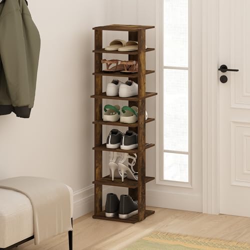 Furinno Compact Vertical Shoe Rack, 8-Tier Narrow Shoe Organizer, Free Standing Shoe Storage, Shoe Shelf for Boots, Sneakers, 12 x 12.6 x 46.7, for Closet, Entryway, Office, Garage, Amber Pine - color: Amber Pine, size: 8-tier, 46.7 Inch