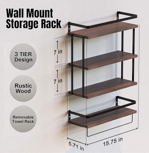 RICHER HOUSE 3+1 Tier Wall Mounted Floating Shelves Set of 2, Rustic Wood Wall Shelf with Metal Frame, Extra Storage Rack for Bathroom, Kitchen, Bedroom with Tissue Rack & Towel Bar - Rustic Brown - color: Rucstic Brown, size: 3+1 Tier Size