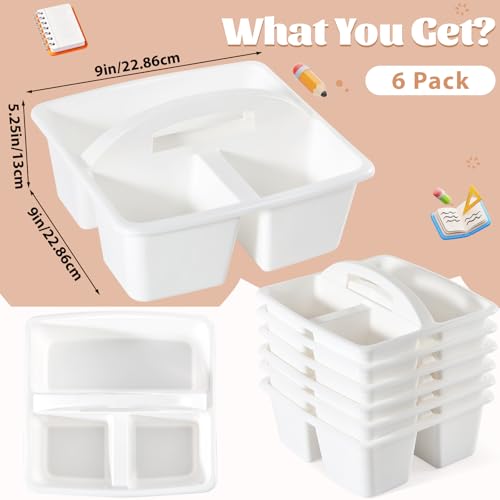 6 Pack Classroom Caddy with Handle Plastic Storage Caddy Organizer with 3 Compartments Desk Caddies Holder Portable Storage Bin for Pencil, Crayon, Marker, Home, Office, School Supplies(White) - color: White